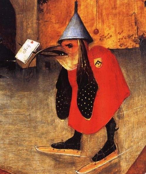 Schaatsende postbodevogel (detail uit De verzoeking van de Heilige Antonius)
